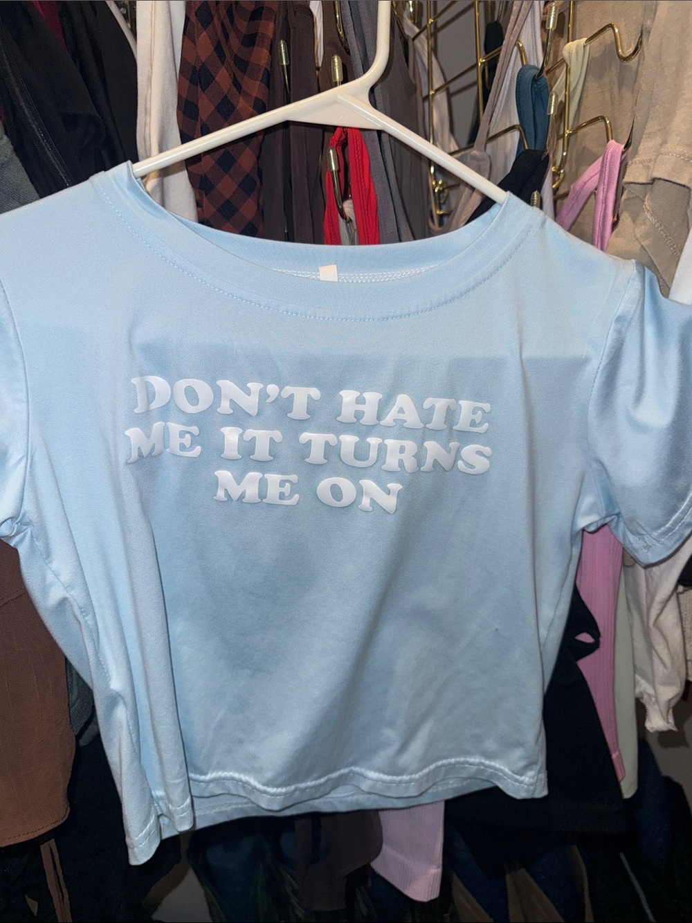 Light Blue Graphic Crop Tee with Slogan